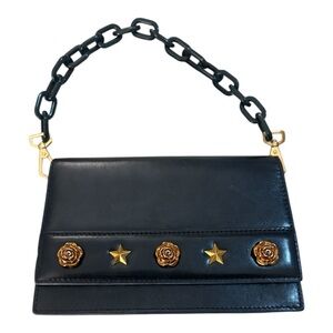 Mo&Co | black leather mini bag with gold hardware star + rose studs chain handle